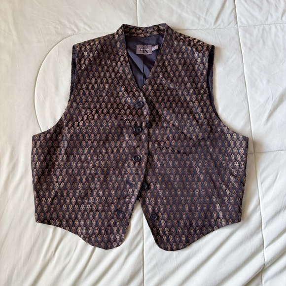 Vintage Calvin Klein CK Black and Gold Metallic Patterned Vest Size XS - Picture 1 of 5